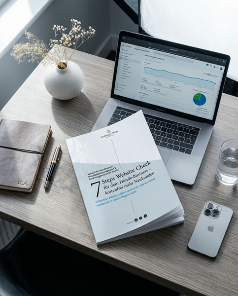 Website-Check-Titel liegt vor Laptop auf Schreibtisch